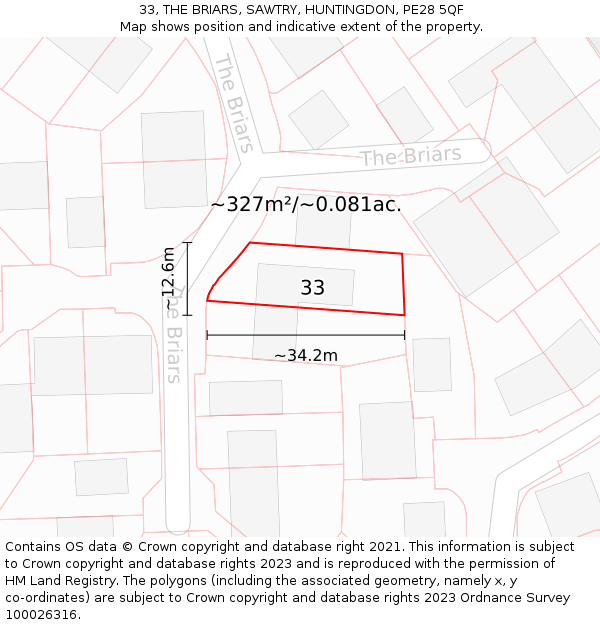 33, THE BRIARS, SAWTRY, HUNTINGDON, PE28 5QF: Plot and title map