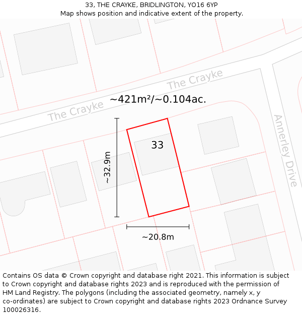 33, THE CRAYKE, BRIDLINGTON, YO16 6YP: Plot and title map