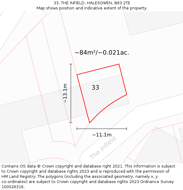 33, THE INFIELD, HALESOWEN, B63 2TE: Plot and title map