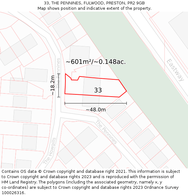 33, THE PENNINES, FULWOOD, PRESTON, PR2 9GB: Plot and title map