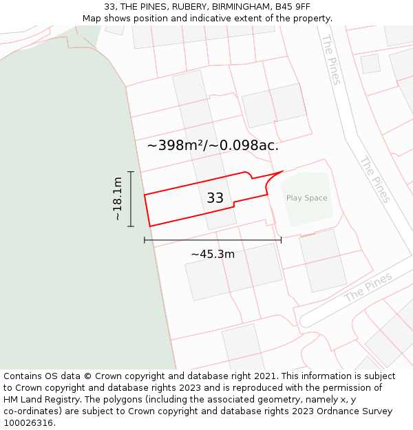 33, THE PINES, RUBERY, BIRMINGHAM, B45 9FF: Plot and title map