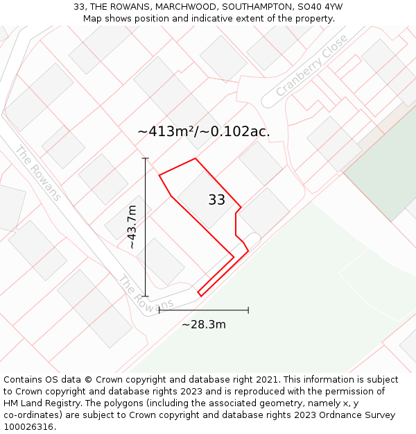 33, THE ROWANS, MARCHWOOD, SOUTHAMPTON, SO40 4YW: Plot and title map