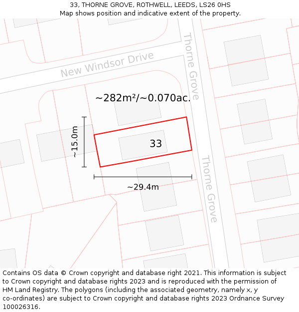 33, THORNE GROVE, ROTHWELL, LEEDS, LS26 0HS: Plot and title map