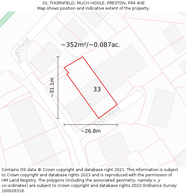 33, THORNFIELD, MUCH HOOLE, PRESTON, PR4 4HE: Plot and title map