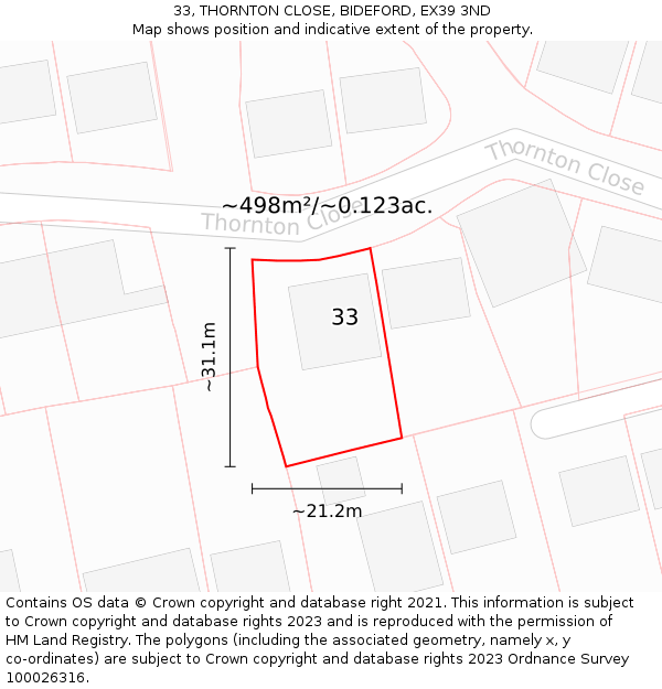 33, THORNTON CLOSE, BIDEFORD, EX39 3ND: Plot and title map