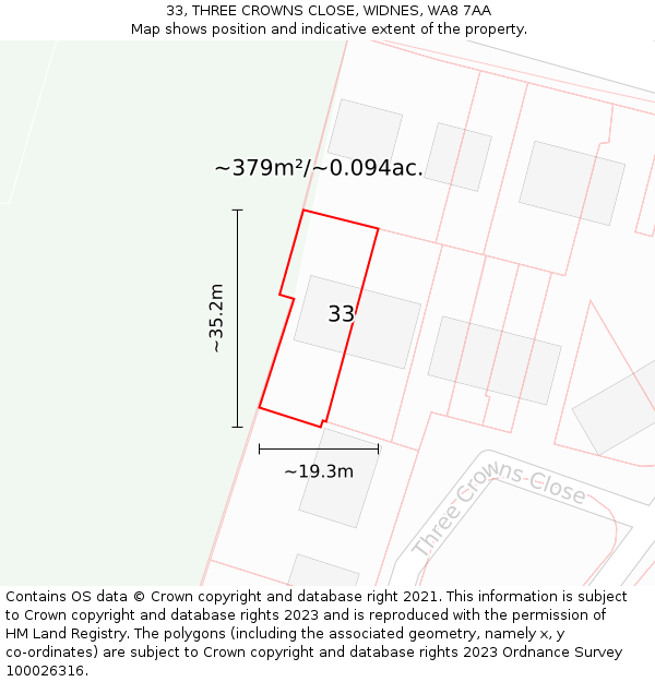 33, THREE CROWNS CLOSE, WIDNES, WA8 7AA: Plot and title map