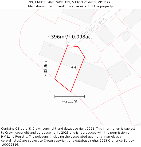 33, TIMBER LANE, WOBURN, MILTON KEYNES, MK17 9PL: Plot and title map