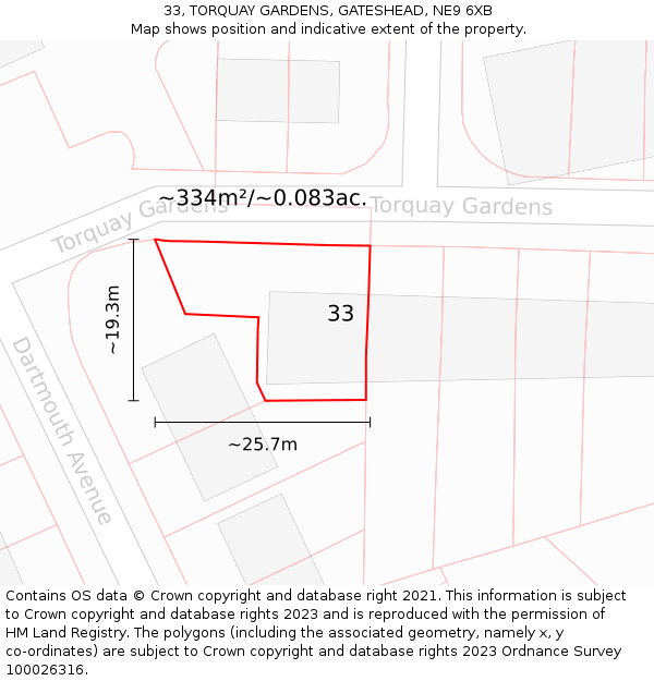 33, TORQUAY GARDENS, GATESHEAD, NE9 6XB: Plot and title map