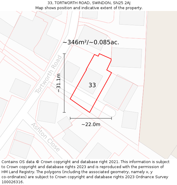 33, TORTWORTH ROAD, SWINDON, SN25 2AJ: Plot and title map