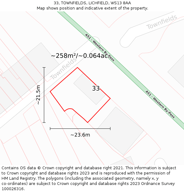 33, TOWNFIELDS, LICHFIELD, WS13 8AA: Plot and title map