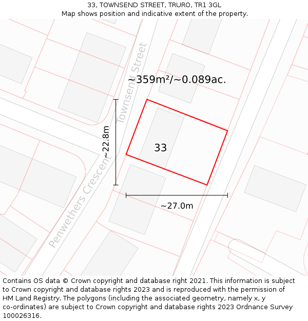 33, TOWNSEND STREET, TRURO, TR1 3GL: Plot and title map