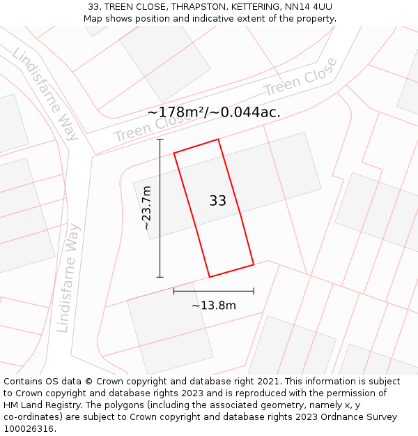 33, TREEN CLOSE, THRAPSTON, KETTERING, NN14 4UU: Plot and title map