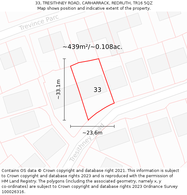 33, TRESITHNEY ROAD, CARHARRACK, REDRUTH, TR16 5QZ: Plot and title map