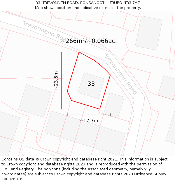 33, TREVONNEN ROAD, PONSANOOTH, TRURO, TR3 7AZ: Plot and title map