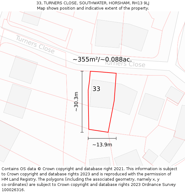 33, TURNERS CLOSE, SOUTHWATER, HORSHAM, RH13 9LJ: Plot and title map