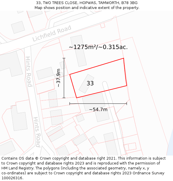 33, TWO TREES CLOSE, HOPWAS, TAMWORTH, B78 3BG: Plot and title map