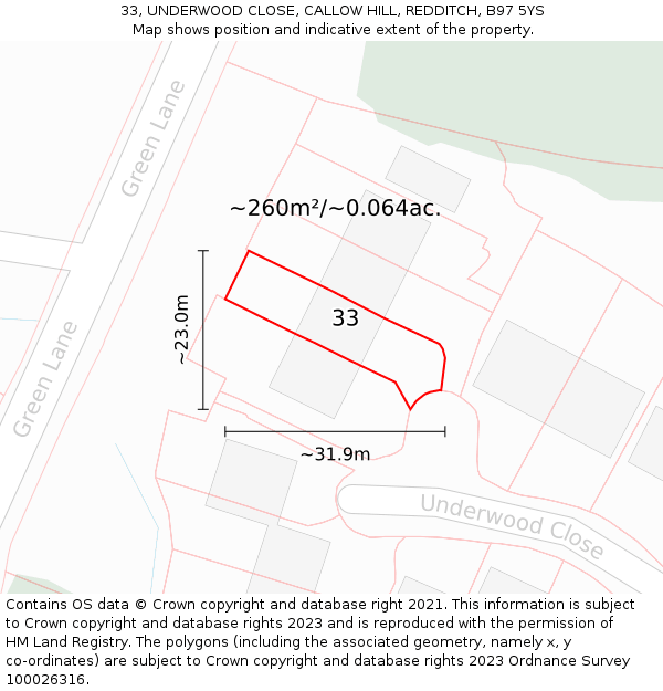 33, UNDERWOOD CLOSE, CALLOW HILL, REDDITCH, B97 5YS: Plot and title map