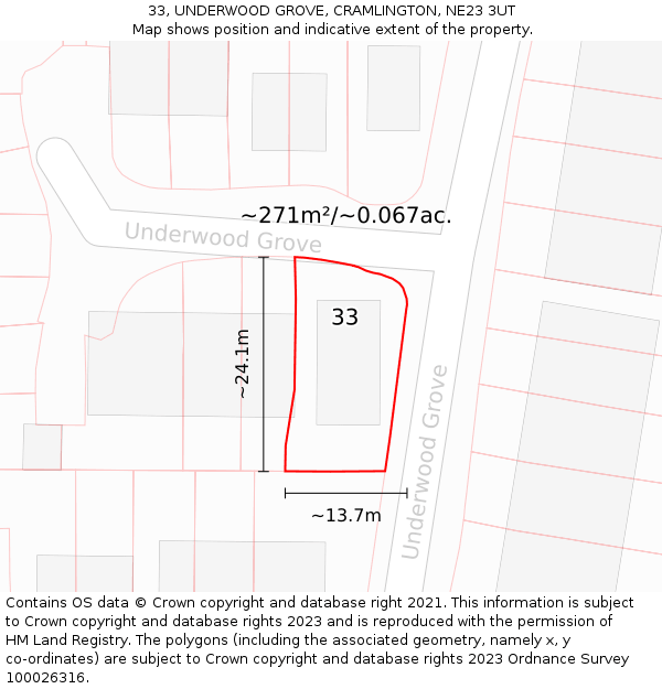 33, UNDERWOOD GROVE, CRAMLINGTON, NE23 3UT: Plot and title map