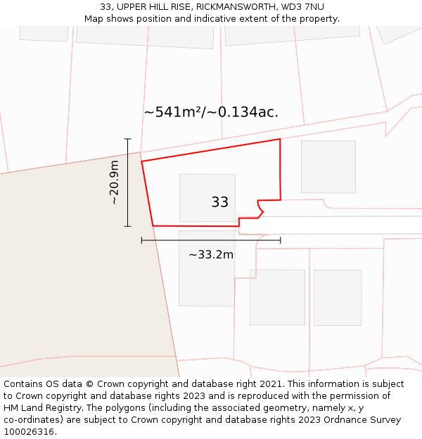 33, UPPER HILL RISE, RICKMANSWORTH, WD3 7NU: Plot and title map