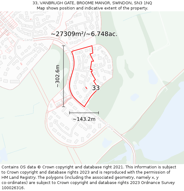 33, VANBRUGH GATE, BROOME MANOR, SWINDON, SN3 1NQ: Plot and title map