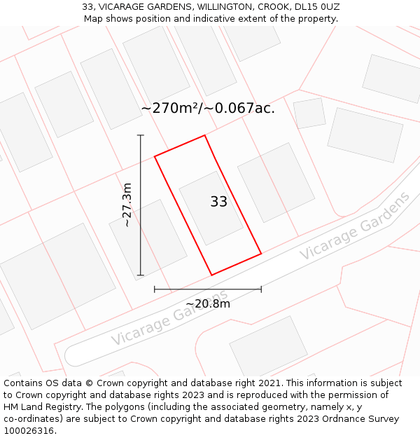 33, VICARAGE GARDENS, WILLINGTON, CROOK, DL15 0UZ: Plot and title map