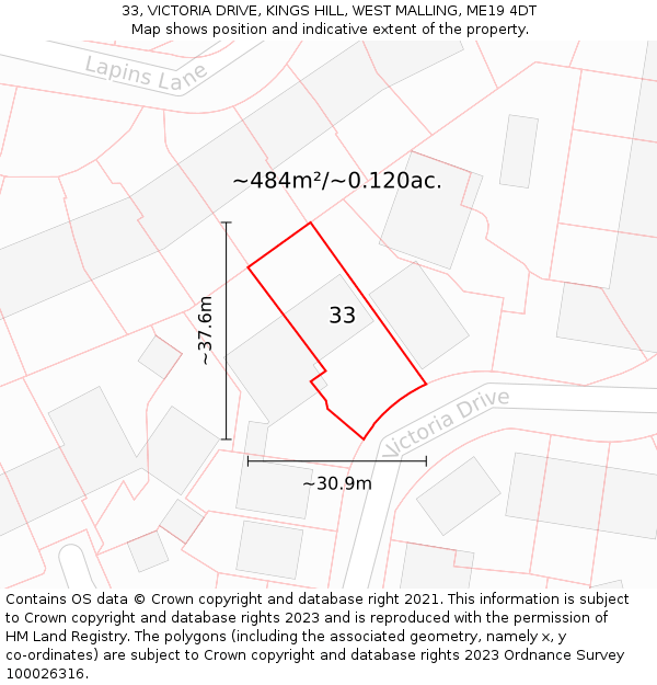 33, VICTORIA DRIVE, KINGS HILL, WEST MALLING, ME19 4DT: Plot and title map