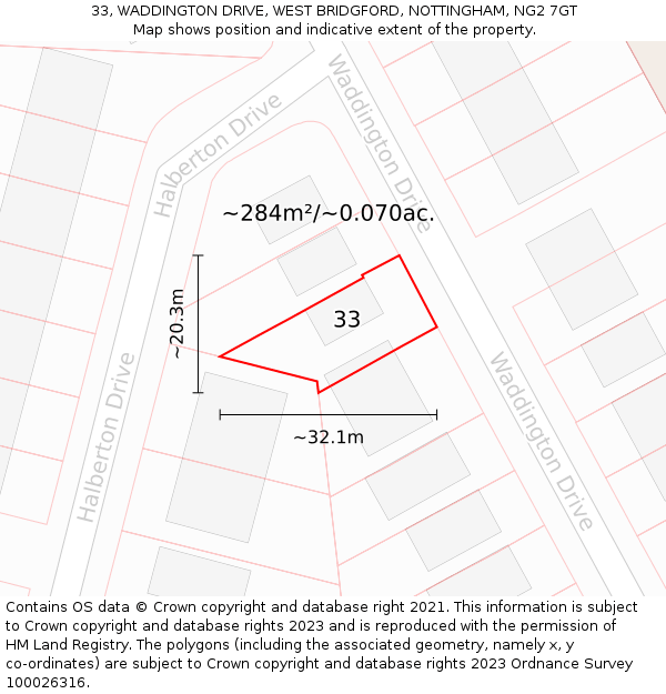 33, WADDINGTON DRIVE, WEST BRIDGFORD, NOTTINGHAM, NG2 7GT: Plot and title map