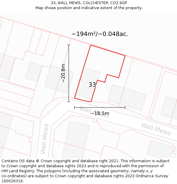 33, WALL MEWS, COLCHESTER, CO2 9GP: Plot and title map