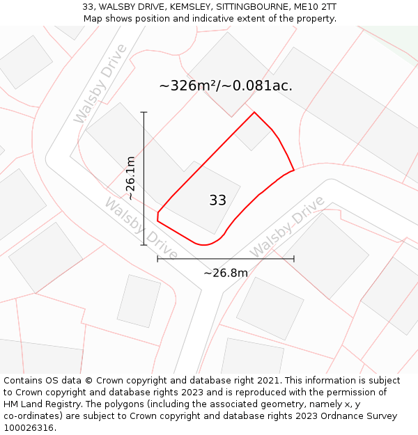 33, WALSBY DRIVE, KEMSLEY, SITTINGBOURNE, ME10 2TT: Plot and title map