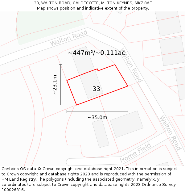 33, WALTON ROAD, CALDECOTTE, MILTON KEYNES, MK7 8AE: Plot and title map