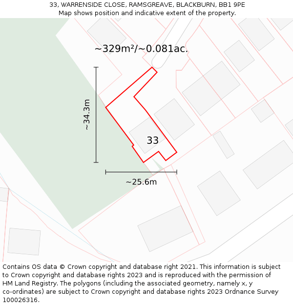 33, WARRENSIDE CLOSE, RAMSGREAVE, BLACKBURN, BB1 9PE: Plot and title map