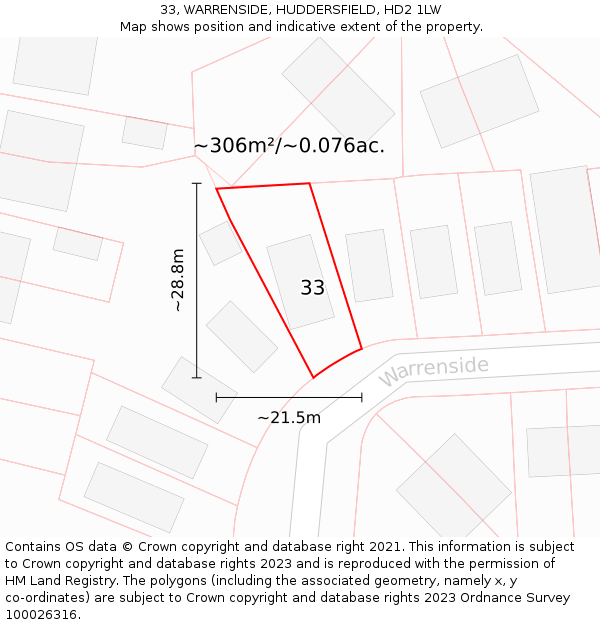 33, WARRENSIDE, HUDDERSFIELD, HD2 1LW: Plot and title map