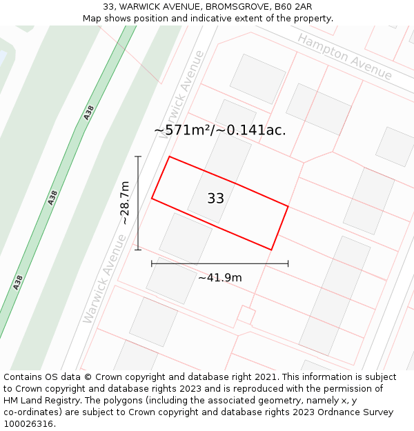 33, WARWICK AVENUE, BROMSGROVE, B60 2AR: Plot and title map