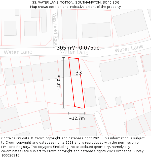 33, WATER LANE, TOTTON, SOUTHAMPTON, SO40 3DG: Plot and title map