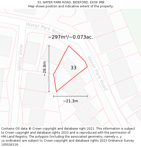 33, WATER PARK ROAD, BIDEFORD, EX39 3RB: Plot and title map