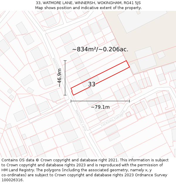 33, WATMORE LANE, WINNERSH, WOKINGHAM, RG41 5JS: Plot and title map