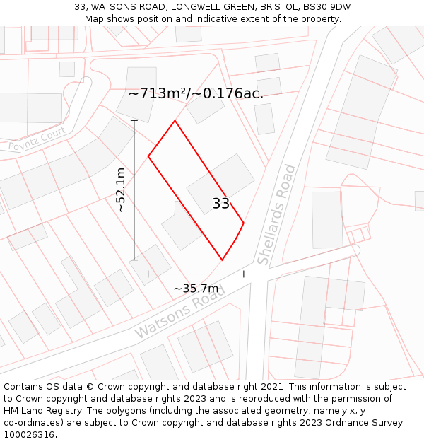 33, WATSONS ROAD, LONGWELL GREEN, BRISTOL, BS30 9DW: Plot and title map