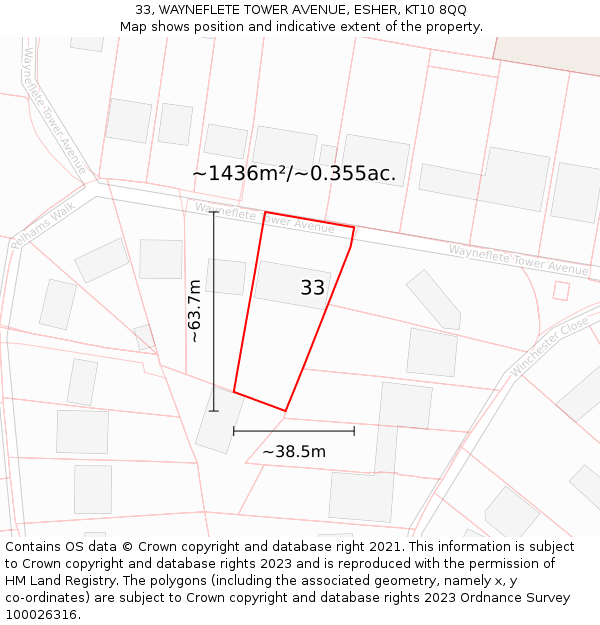 33, WAYNEFLETE TOWER AVENUE, ESHER, KT10 8QQ: Plot and title map