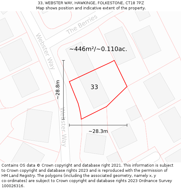 33, WEBSTER WAY, HAWKINGE, FOLKESTONE, CT18 7PZ: Plot and title map