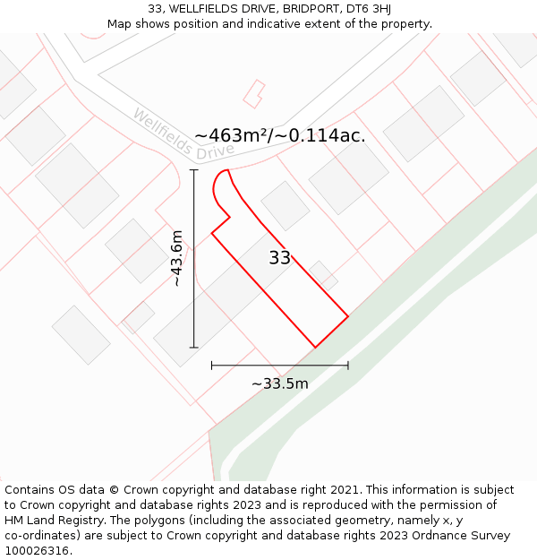 33, WELLFIELDS DRIVE, BRIDPORT, DT6 3HJ: Plot and title map