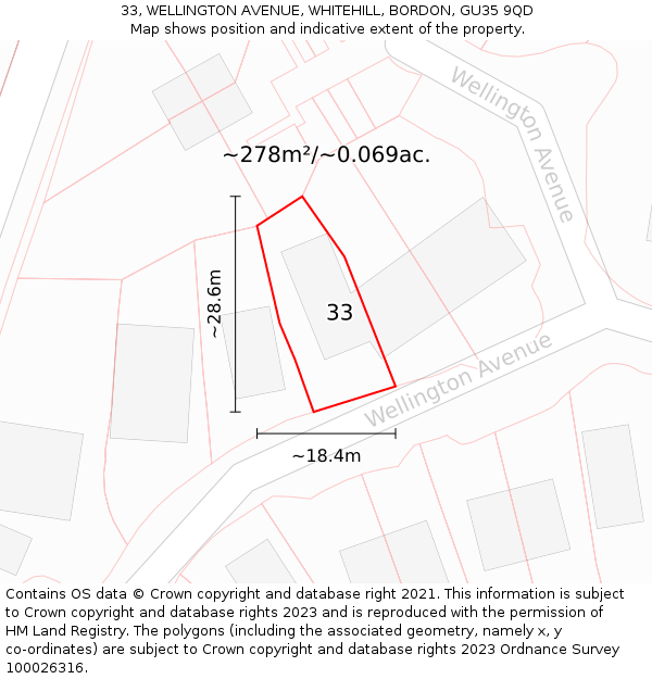 33, WELLINGTON AVENUE, WHITEHILL, BORDON, GU35 9QD: Plot and title map