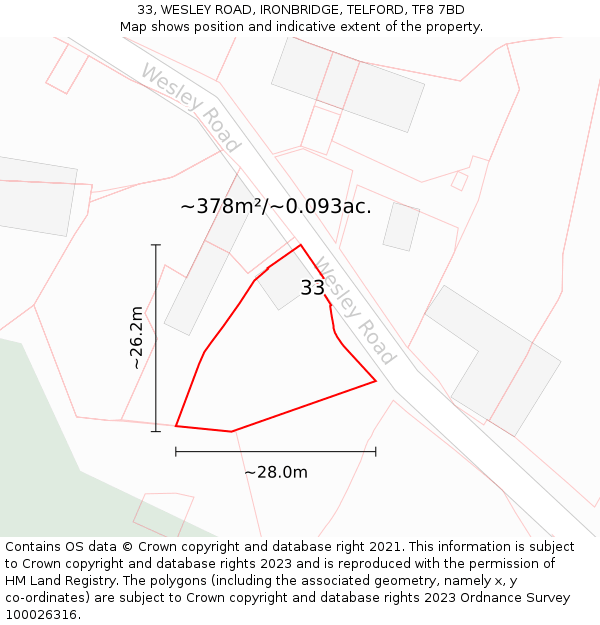 33, WESLEY ROAD, IRONBRIDGE, TELFORD, TF8 7BD: Plot and title map