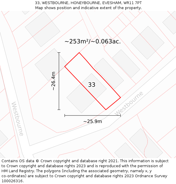 33, WESTBOURNE, HONEYBOURNE, EVESHAM, WR11 7PT: Plot and title map