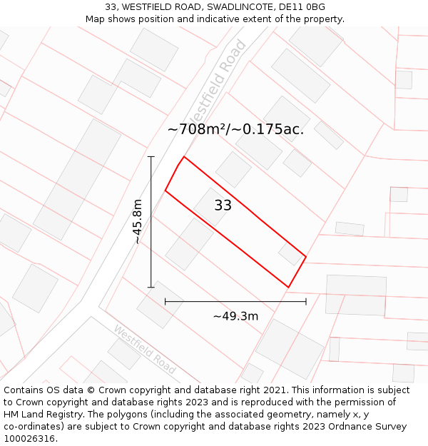 33, WESTFIELD ROAD, SWADLINCOTE, DE11 0BG: Plot and title map