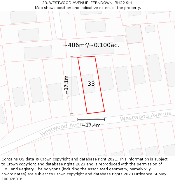 33, WESTWOOD AVENUE, FERNDOWN, BH22 9HL: Plot and title map