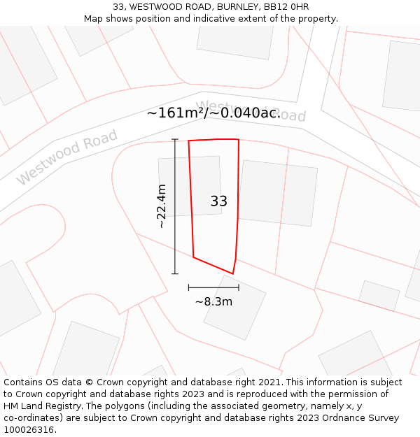 33, WESTWOOD ROAD, BURNLEY, BB12 0HR: Plot and title map