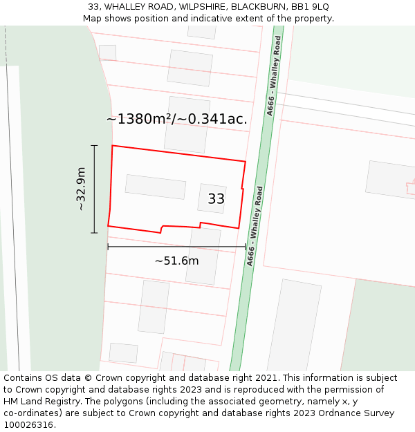 33, WHALLEY ROAD, WILPSHIRE, BLACKBURN, BB1 9LQ: Plot and title map