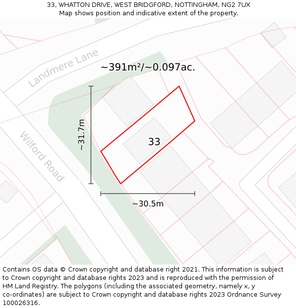 33, WHATTON DRIVE, WEST BRIDGFORD, NOTTINGHAM, NG2 7UX: Plot and title map