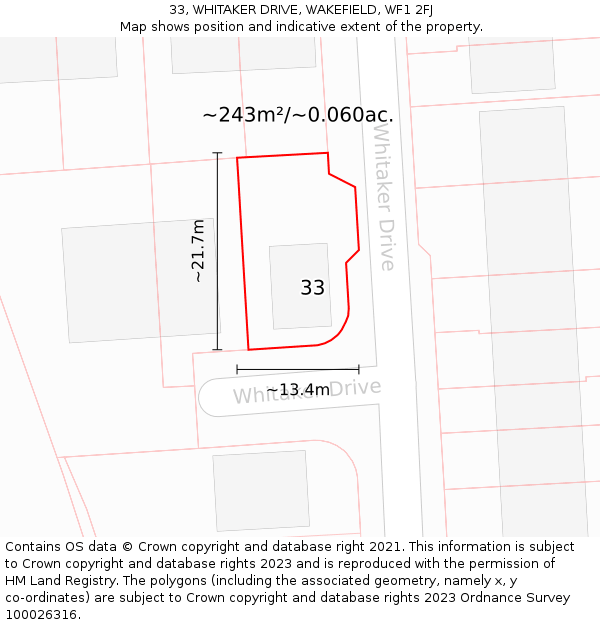 33, WHITAKER DRIVE, WAKEFIELD, WF1 2FJ: Plot and title map