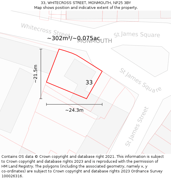 33, WHITECROSS STREET, MONMOUTH, NP25 3BY: Plot and title map